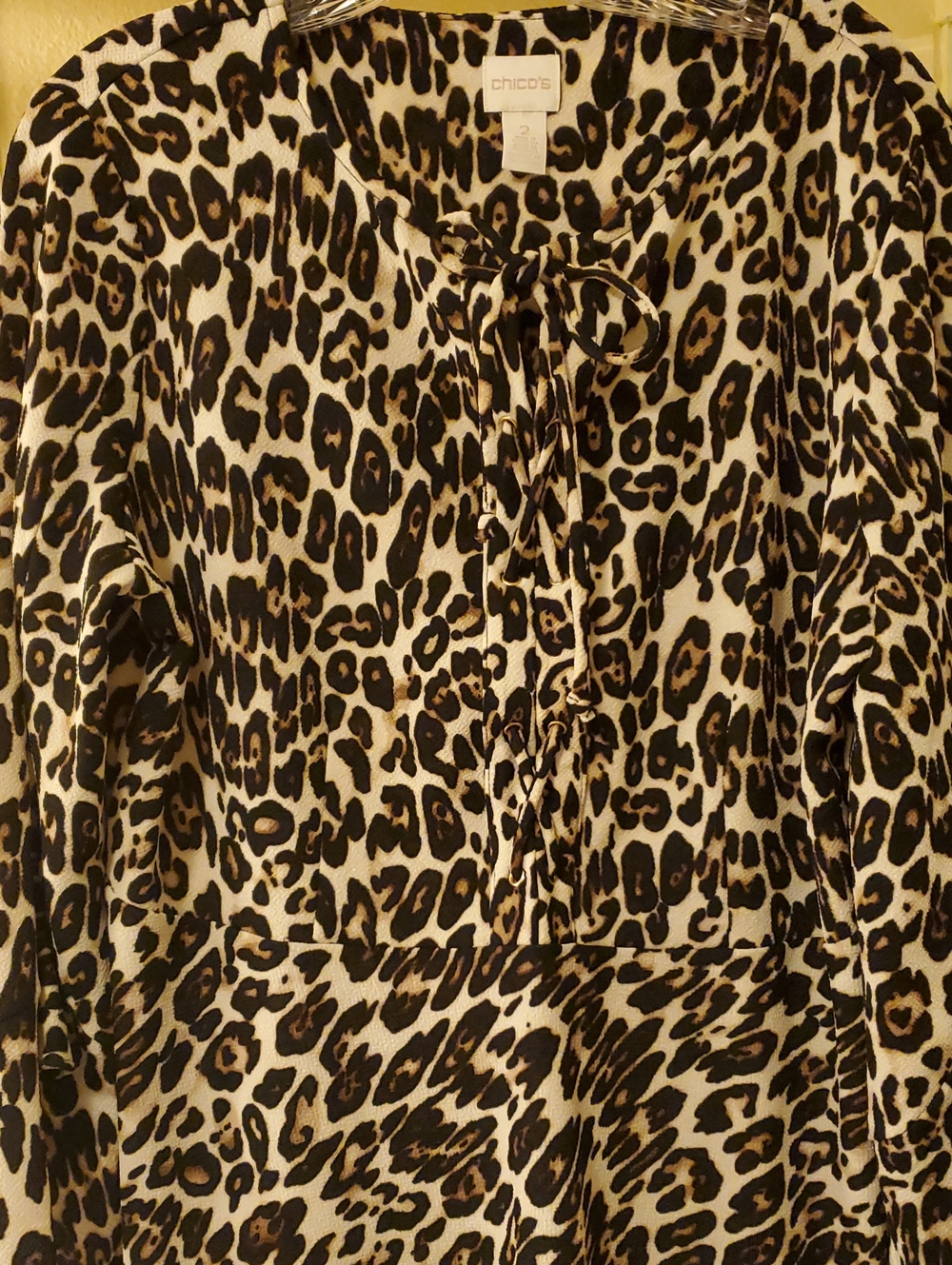 Chico's Size Lrg (2) Leopard Print Tie-Neck Top - Black & Tan